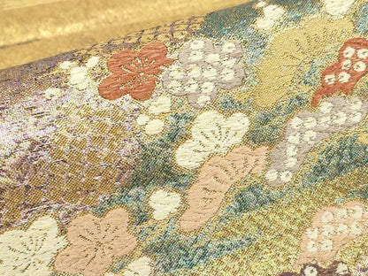 平和屋着物▼六通柄袋帯 花車文 金糸 正絹 逸品 DABC3468az