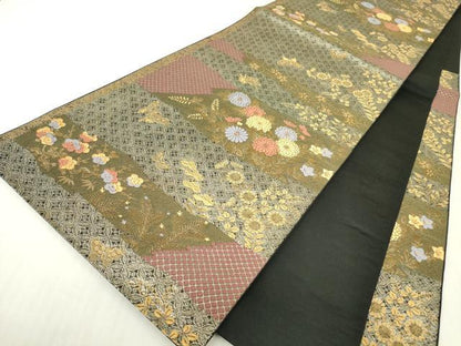 平和屋着物▼六通柄袋帯　菊梅舞蝶文　金糸　正絹　逸品　DABC3487az