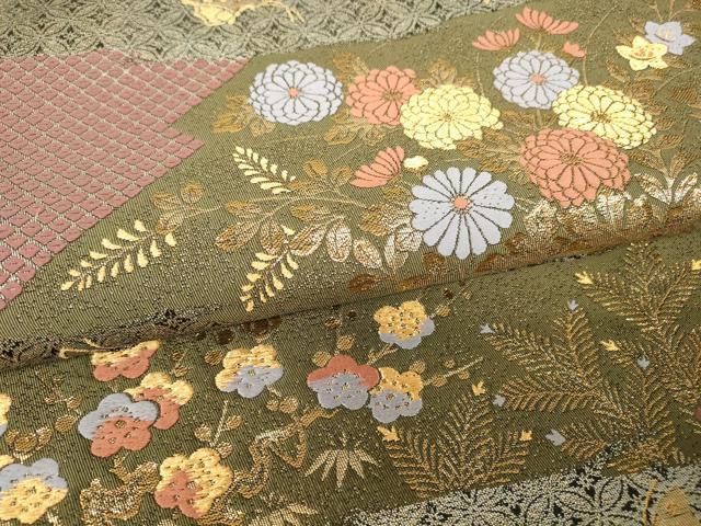 平和屋着物▼六通柄袋帯　菊梅舞蝶文　金糸　正絹　逸品　DABC3487az
