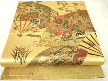 平和屋着物▼漆工芸作家　金森一博　太鼓柄袋帯　扇面花文　金彩　引箔　正絹　逸品　DABC3489az
