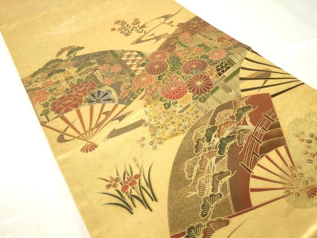 平和屋着物▽漆工芸作家 金森一博 太鼓柄袋帯 扇面花文