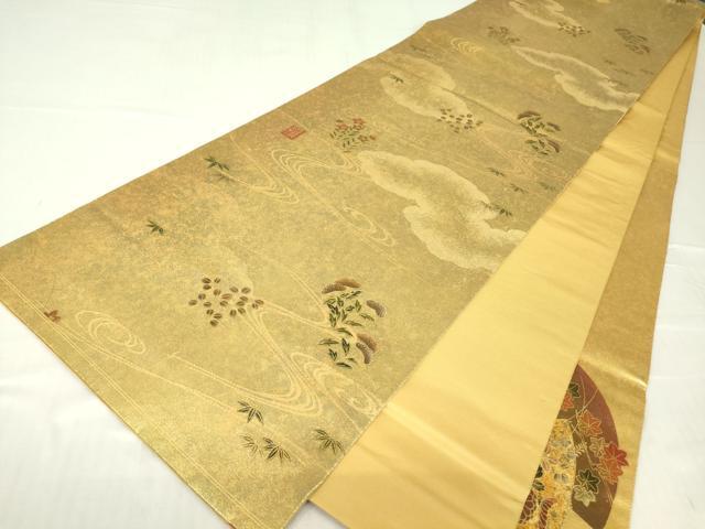 平和屋着物▼漆工芸作家　金森一博　太鼓柄袋帯　扇面花文　金彩　引箔　正絹　逸品　DABC3489az