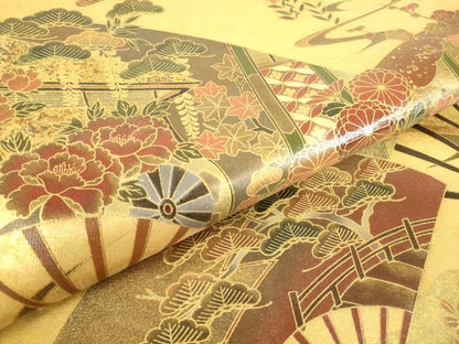 平和屋着物▼漆工芸作家　金森一博　太鼓柄袋帯　扇面花文　金彩　引箔　正絹　逸品　DABC3489az