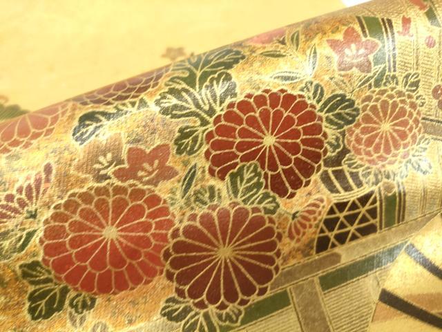 平和屋着物▼漆工芸作家　金森一博　太鼓柄袋帯　扇面花文　金彩　引箔　正絹　逸品　DABC3489az
