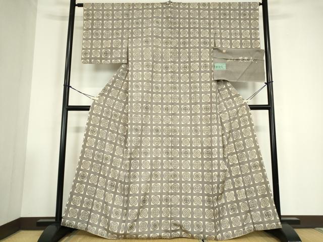 平和屋着物●松煙染の第一人者　川島草苑　墨染衣　水織紬　格子丸文　証紙付き　正絹　逸品　DABC3508az