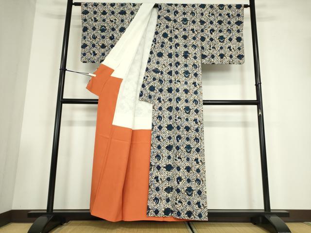 平和屋着物●上質な小紋　ろうけつ染め　格子花文　正絹　逸品　DABC3512az