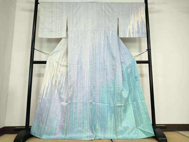 平和屋着物●訪問着　作家物　刺繍　変わり縞　銀糸　正絹　逸品　DABC3513az