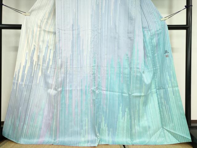 平和屋着物●訪問着　作家物　刺繍　変わり縞　銀糸　正絹　逸品　DABC3513az