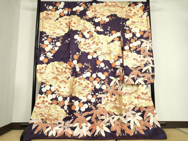 平和屋着物●豪華振袖　駒刺繍　雲取り吉祥花文　松竹梅　金彩　正絹　逸品　DABC3519az