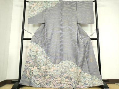 平和屋着物●染織工芸むつろ　辻が花　手描き　絞り　訪問着　千姫　銀通し地　正絹　逸品　DABC3521az