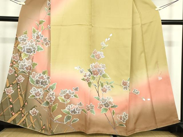 平和屋着物●中嶋まさひろ 蝋彩染作家　訪問着　枝花文　暈し染め　金彩　正絹　逸品　DABC3526az