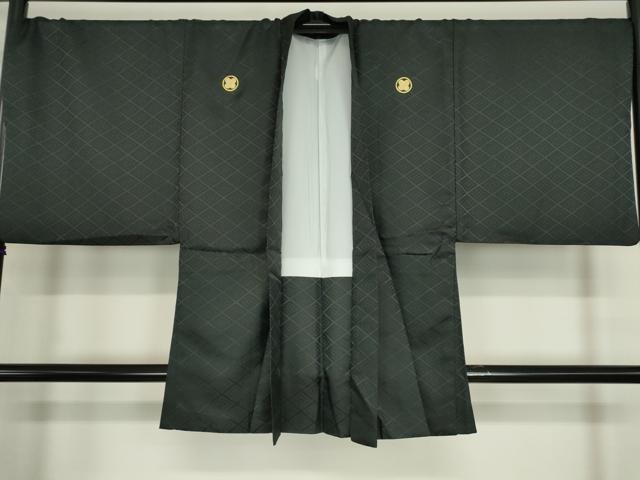 平和屋着物●男性　黒紋付　羽織セット　花菱地紋　洗える着物　DABC3535az