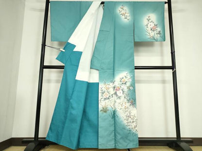 平和屋着物●訪問着　紬地　草花文　手描き　暈し染め　正絹　逸品　DABC3542az