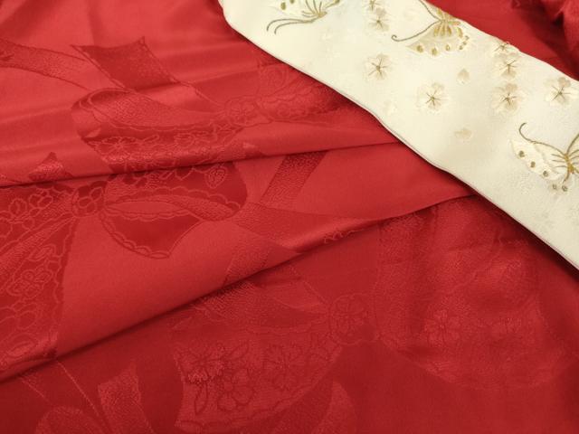 平和屋着物●振袖用長襦袢　無双仕立て　半襟刺繍　リボン　舞蝶文　金糸　正絹　逸品　DABC3570az