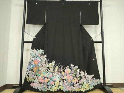 平和屋着物●豪華黒留袖　友禅　作家物　尾長鳥花文　正絹　逸品　DABC3579az
