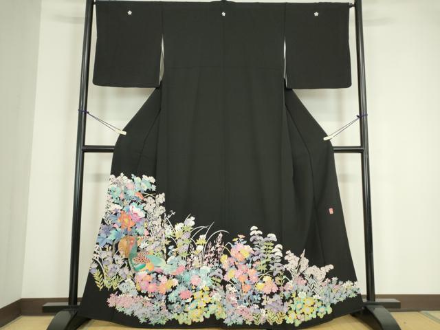 平和屋着物●豪華黒留袖　友禅　作家物　尾長鳥花文　正絹　逸品　DABC3579az