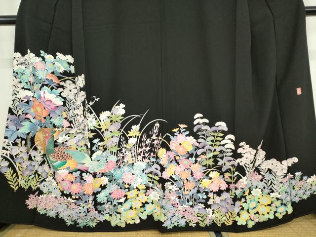 平和屋着物●豪華黒留袖　友禅　作家物　尾長鳥花文　正絹　逸品　DABC3579az