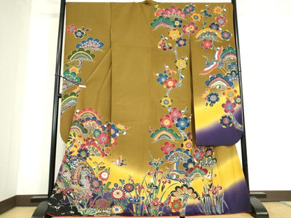 平和屋着物●豪華振袖　型染め　松竹梅　飛鶴吉祥花蝶文　暈し染め　正絹　逸品　DABC3591az