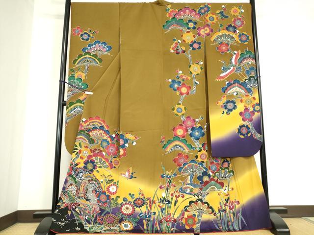 平和屋着物●豪華振袖　型染め　松竹梅　飛鶴吉祥花蝶文　暈し染め　正絹　逸品　DABC3591az