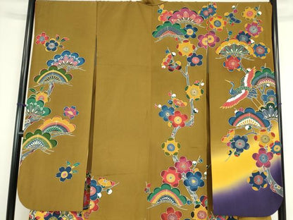 平和屋着物●豪華振袖　型染め　松竹梅　飛鶴吉祥花蝶文　暈し染め　正絹　逸品　DABC3591az