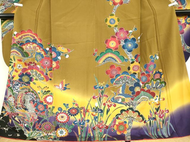 平和屋着物●豪華振袖　型染め　松竹梅　飛鶴吉祥花蝶文　暈し染め　正絹　逸品　DABC3591az