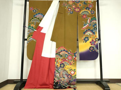 平和屋着物●豪華振袖　型染め　松竹梅　飛鶴吉祥花蝶文　暈し染め　正絹　逸品　DABC3591az