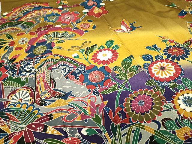 平和屋着物●豪華振袖　型染め　松竹梅　飛鶴吉祥花蝶文　暈し染め　正絹　逸品　DABC3591az