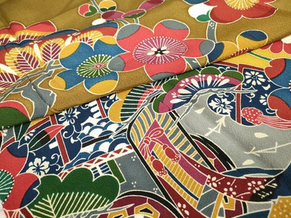 平和屋着物●豪華振袖　型染め　松竹梅　飛鶴吉祥花蝶文　暈し染め　正絹　逸品　DABC3591az