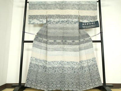平和屋着物●訪問着　江戸小紋　伝統工芸相良彫型絵染　作家物　枝花舞蝶文　反端付き　正絹　逸品　DABC3595az