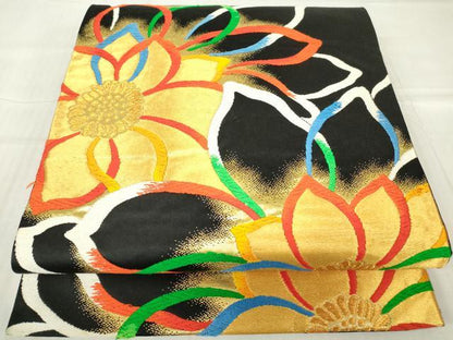 平和屋着物▼六通柄袋帯 唐織 舞花文 黒地 金糸 正絹 逸品 DABC3598az