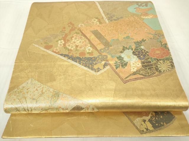 平和屋着物▼太鼓柄袋帯 螺鈿箔 冊子花文 金彩 正絹 逸品 DABC3611az