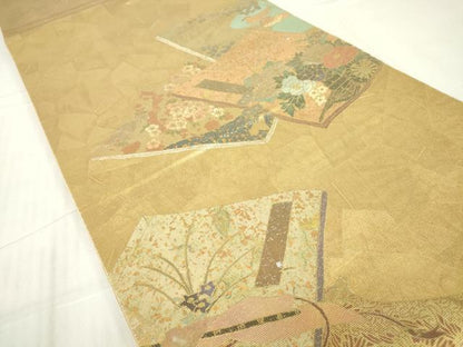 平和屋着物▼太鼓柄袋帯 螺鈿箔 冊子花文 金彩 正絹 逸品 DABC3611az