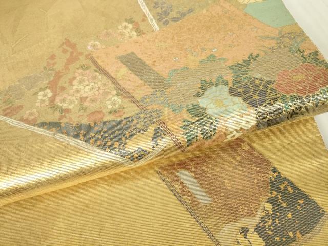 平和屋着物▼太鼓柄袋帯 螺鈿箔 冊子花文 金彩 正絹 逸品 DABC3611az