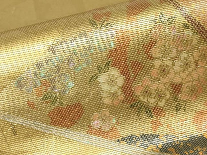 平和屋着物▼太鼓柄袋帯 螺鈿箔 冊子花文 金彩 正絹 逸品 DABC3611az