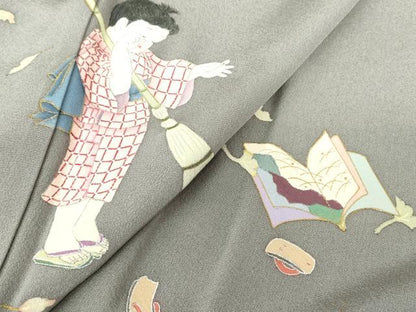 平和屋着物●京童人形絵師　高橋翠延　訪問着　童子冊子文　金彩　正絹　逸品　DABC3621az