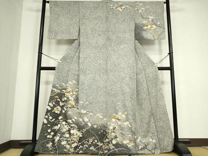 平和屋着物●訪問着　色紙枝花文　たたき染め　金彩　正絹　逸品　DABC3631az