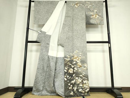平和屋着物●訪問着　色紙枝花文　たたき染め　金彩　正絹　逸品　DABC3631az
