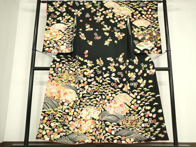 平和屋着物●訪問着　駒刺繍　地紙飛鶴花文　鬼しぼ縮緬　黒地　金彩　正絹　逸品　DABC3632az