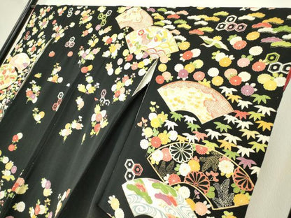 平和屋着物●訪問着　駒刺繍　地紙飛鶴花文　鬼しぼ縮緬　黒地　金彩　正絹　逸品　DABC3632az