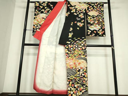 平和屋着物●訪問着　駒刺繍　地紙飛鶴花文　鬼しぼ縮緬　黒地　金彩　正絹　逸品　DABC3632az