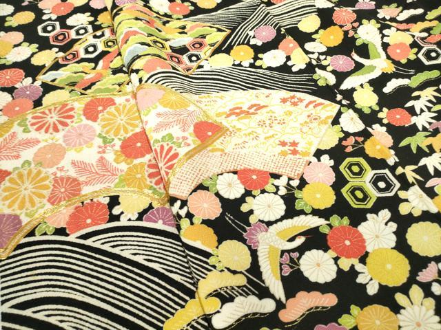 平和屋着物●訪問着　駒刺繍　地紙飛鶴花文　鬼しぼ縮緬　黒地　金彩　正絹　逸品　DABC3632az