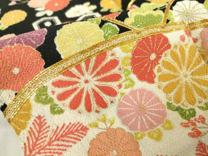 平和屋着物●訪問着　駒刺繍　地紙飛鶴花文　鬼しぼ縮緬　黒地　金彩　正絹　逸品　DABC3632az