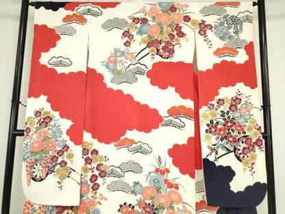 平和屋着物●豪華振袖　絞り　型染め　雲取り花車文　正絹　逸品　DABC3640az