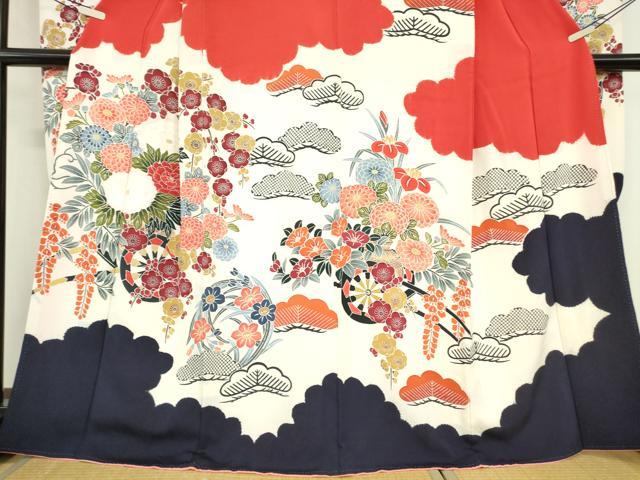 平和屋着物●豪華振袖　絞り　型染め　雲取り花車文　正絹　逸品　DABC3640az