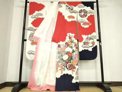 平和屋着物●豪華振袖　絞り　型染め　雲取り花車文　正絹　逸品　DABC3640az