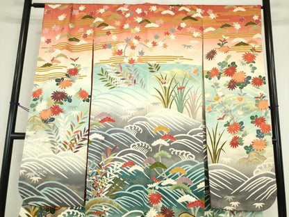 平和屋着物●豪華振袖　駒刺繍　水辺風景花文　金彩　正絹　逸品　DABC3642az
