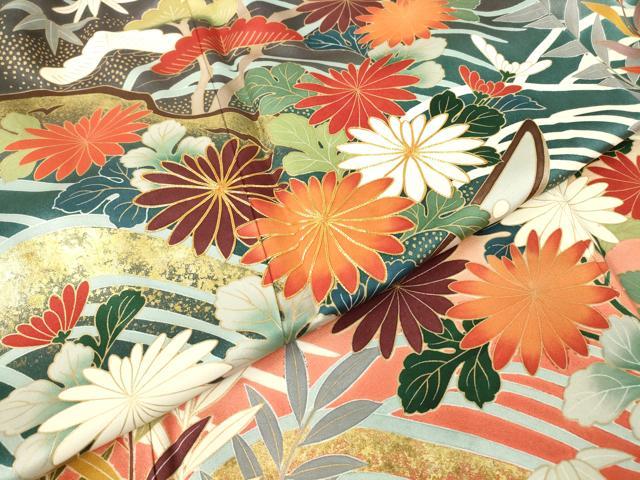 平和屋着物●豪華振袖　駒刺繍　水辺風景花文　金彩　正絹　逸品　DABC3642az