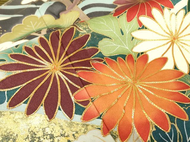 平和屋着物●豪華振袖　駒刺繍　水辺風景花文　金彩　正絹　逸品　DABC3642az