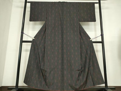 平和屋着物●洗える最高級着物　＜英＞はなぶさ謹製　小紋　アンサンブル　麻の葉　黒地　洗える着物　DABC3667az