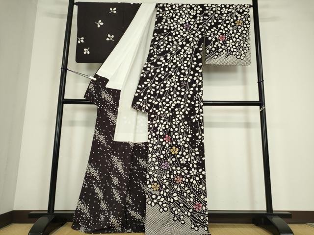 平和屋着物●訪問着　作家物　枝花文　黒地　正絹　逸品　DABC3673az